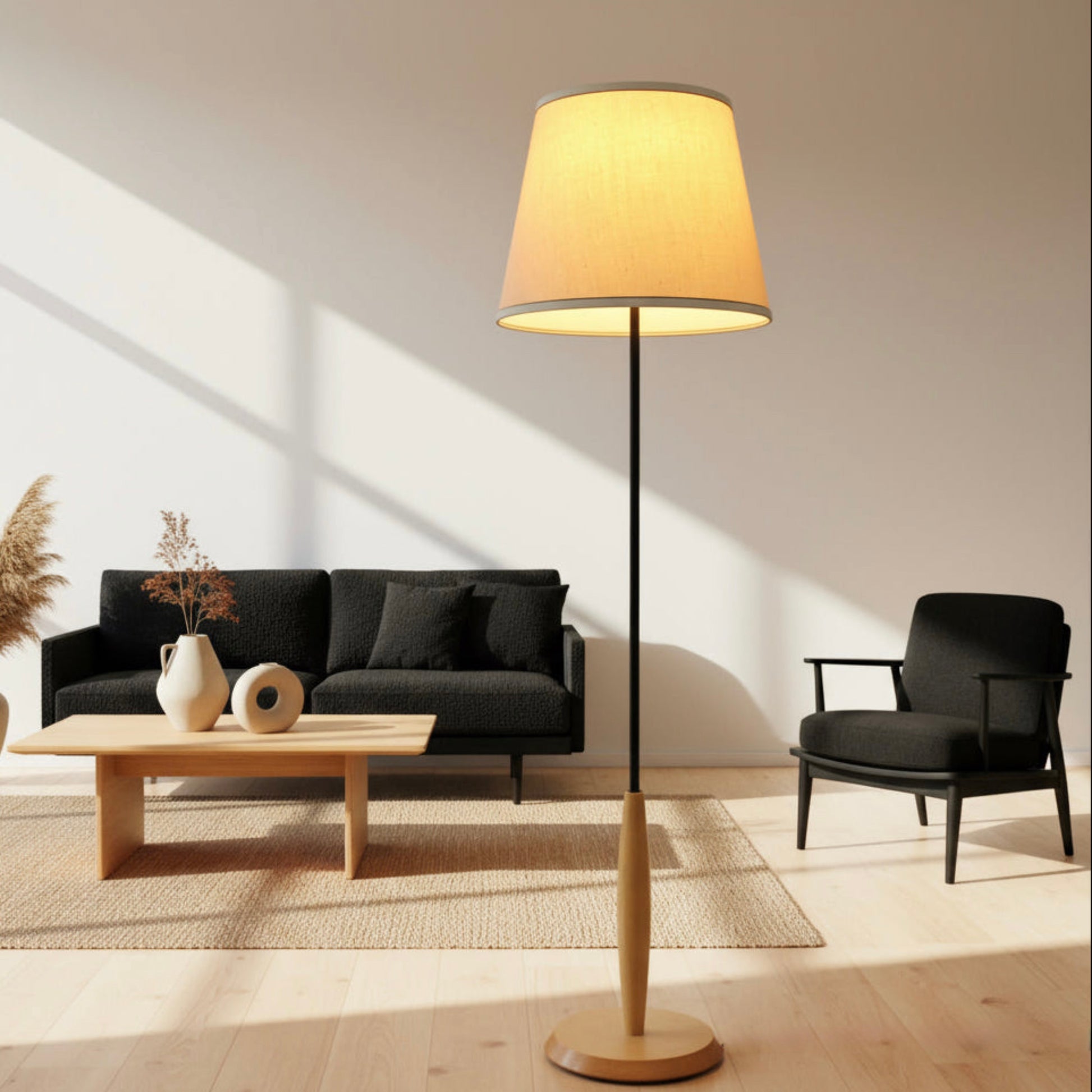 Pair Floor Lamps | 1990s Ash Wood & Smokey Glass Globes