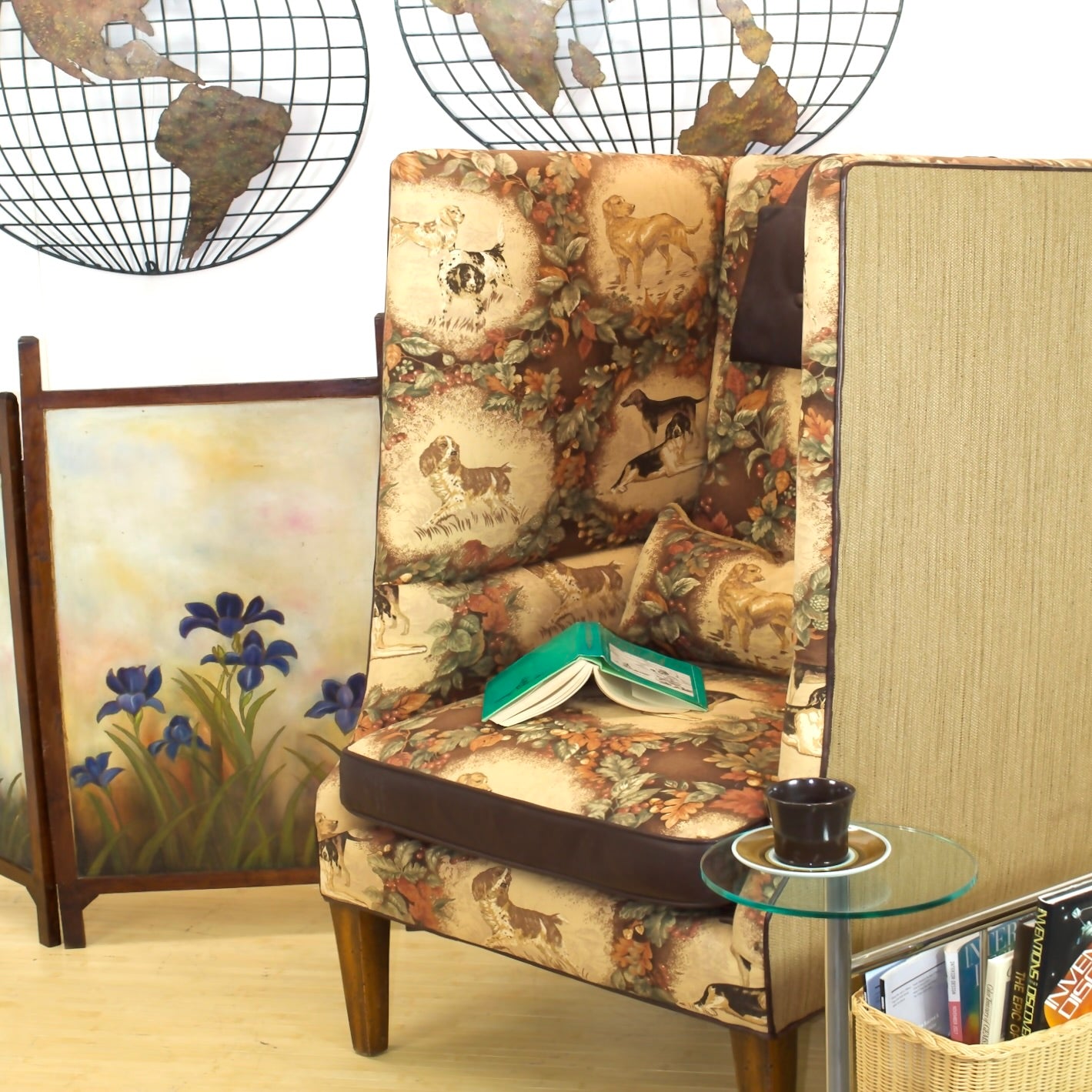 Privacy Chair with old world style bird dog and nature themed upholstery with leather accents.