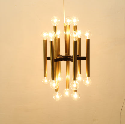 Vintage Tubular Brass Chandelier Sciolari Style, Mid-Century Modern Brass Chandelier