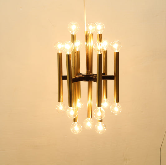 Vintage Tubular Brass Chandelier Sciolari Style, Mid-Century Modern Brass Chandelier