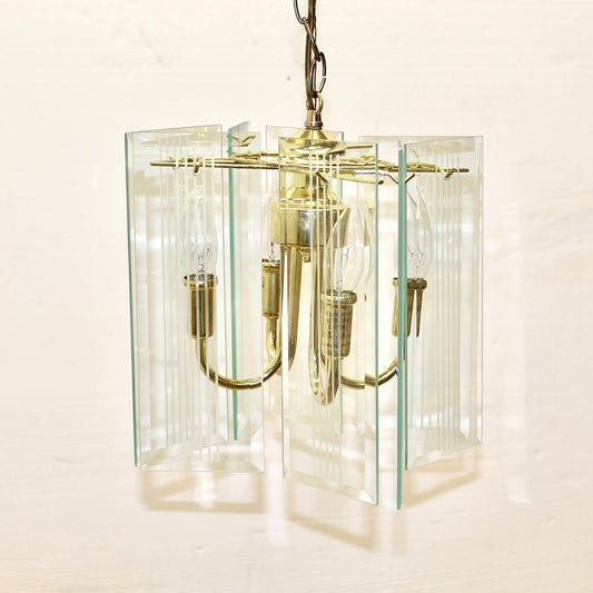 Vintage Brass Frame Beveled Glass Pendant Light