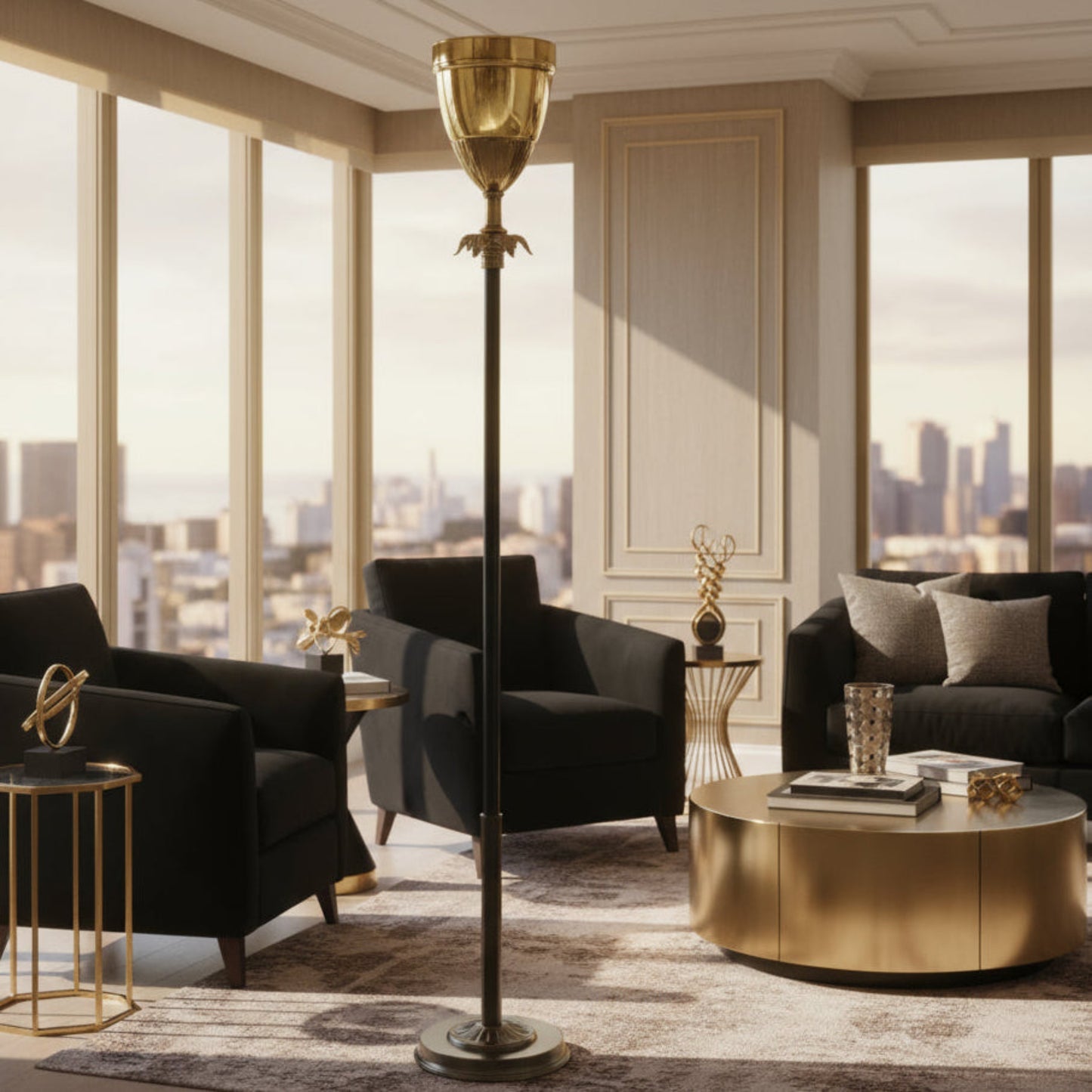 Neoclassical Brass Chalice Torchiere Floor Lamp