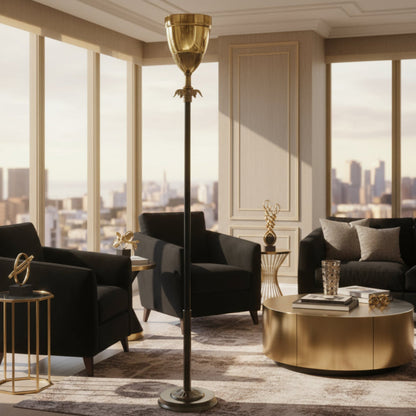 Neoclassical Brass Chalice Torchiere Floor Lamp