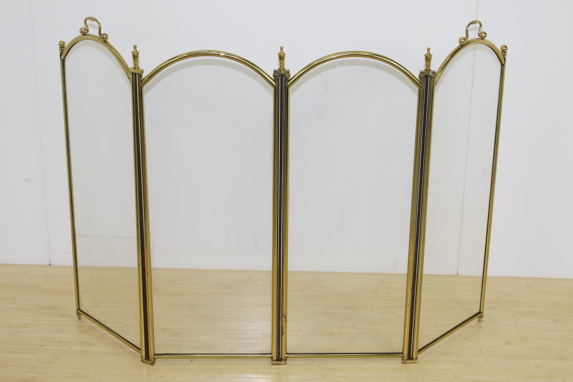 4 Panel Brass and Glass Fireplace Screen