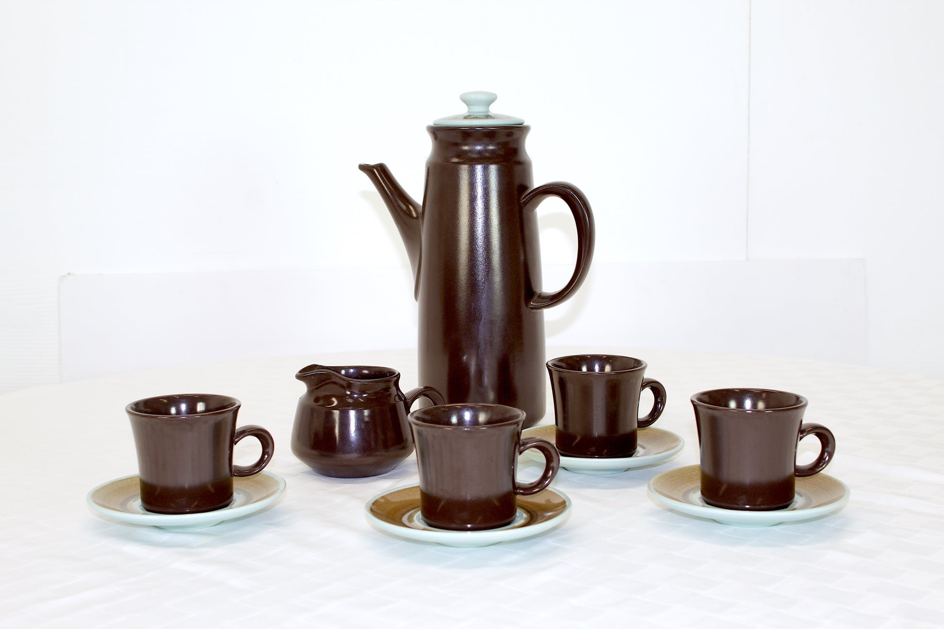 Brown Stoneware Coffee cups and Pitcher