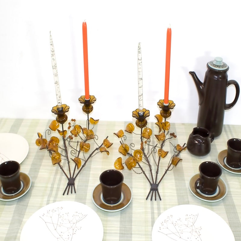 Amber Colored Glass Flower and Branch Candleholder | Centerpiece Table setting