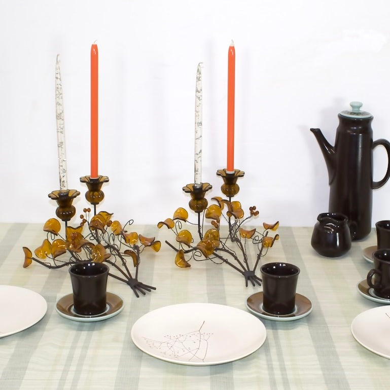 Amber Colored Glass Flower and Branch Candleholder | Centerpiece table setting.