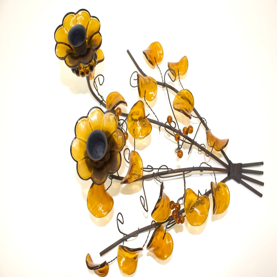 Amber Colored Glass Flower and Branch Candleholder | Centerpiece