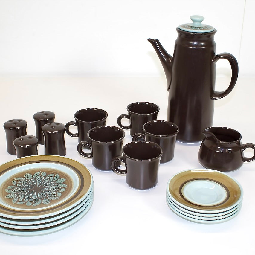 Brown Franciscan Stoneware plates and saucers, coffee cups, creamer salt and pepper shakers and large pitcher. 
