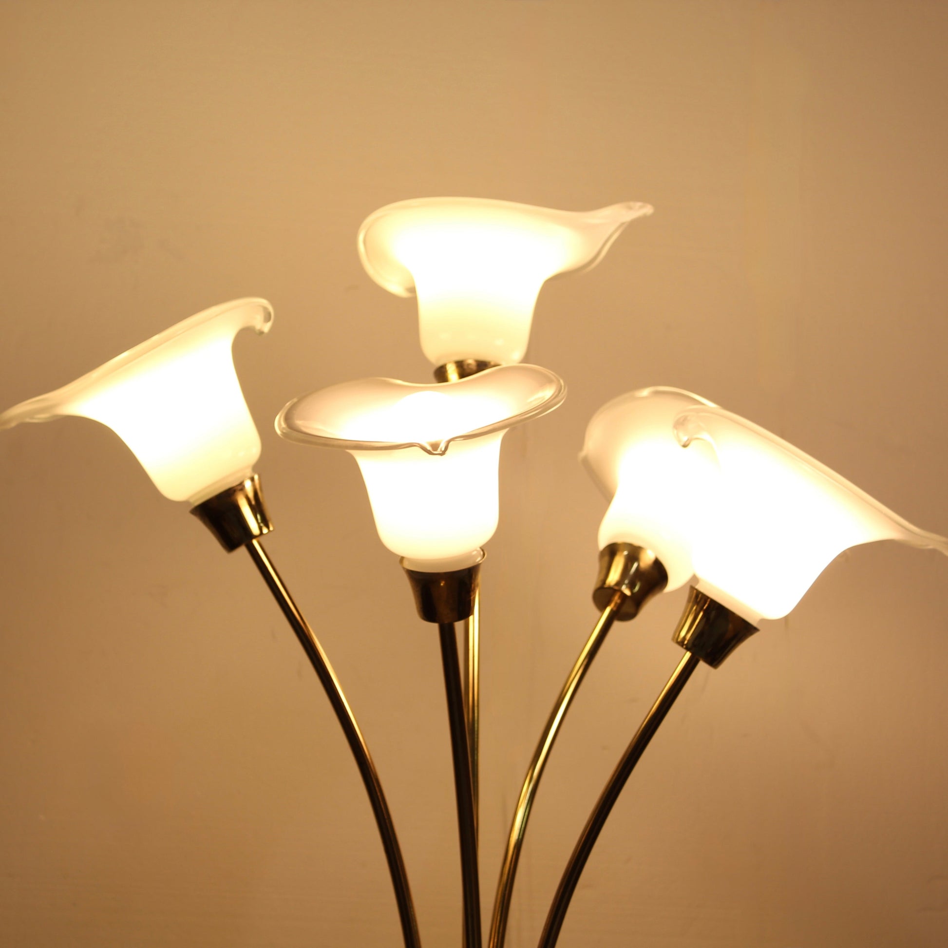 Vintage Brass Floor Lamp w/ Glass Calla Lily Shades
