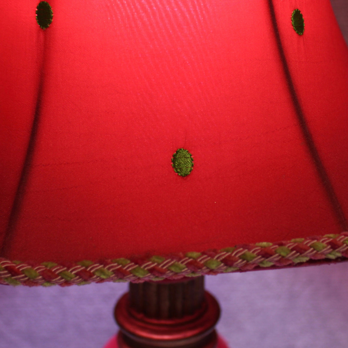 Chic 2005 Pink Glass Boudoir Table Lamp with Matching Polka Dot Shade. Lamp Shade close-up of Pint polk dot shade. 
