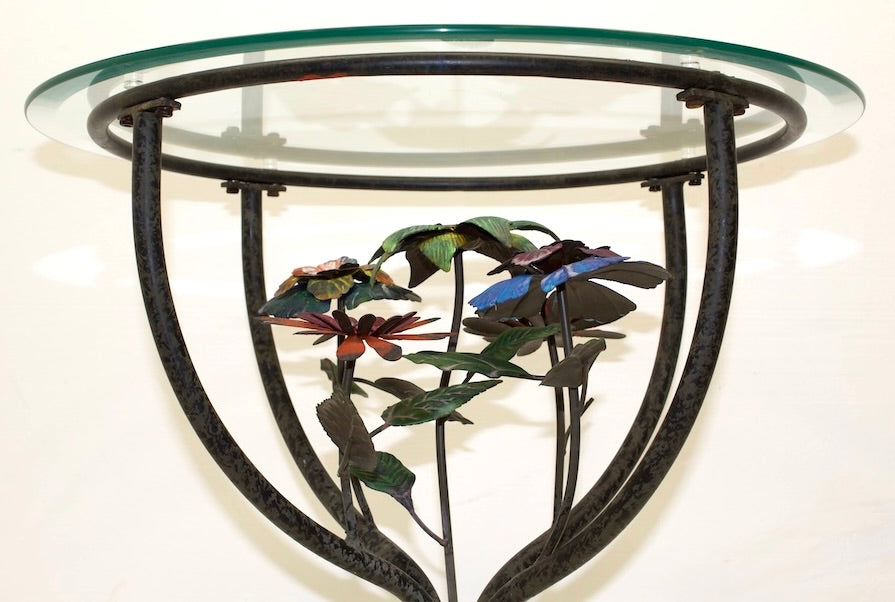 Metal Floral Glass Top Accent Table