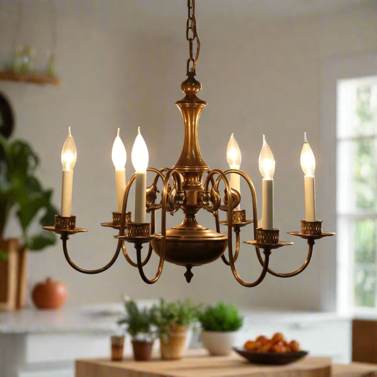 Colonial Style 6 Light Brass Chandelier
