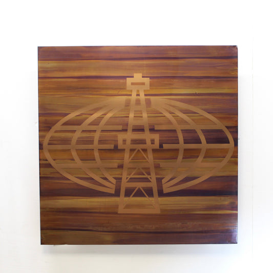 Vintage Copper Global Oil Derrick Metal Print