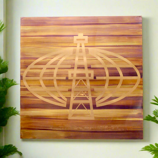 Large Vintage Copper Wall Art of Oil Rig and Globe