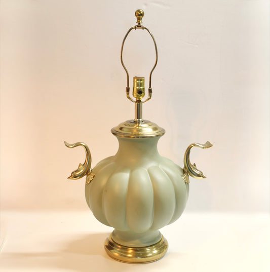 Vintage Brass Dolphins & Seafoam Ceramic Table Lamp