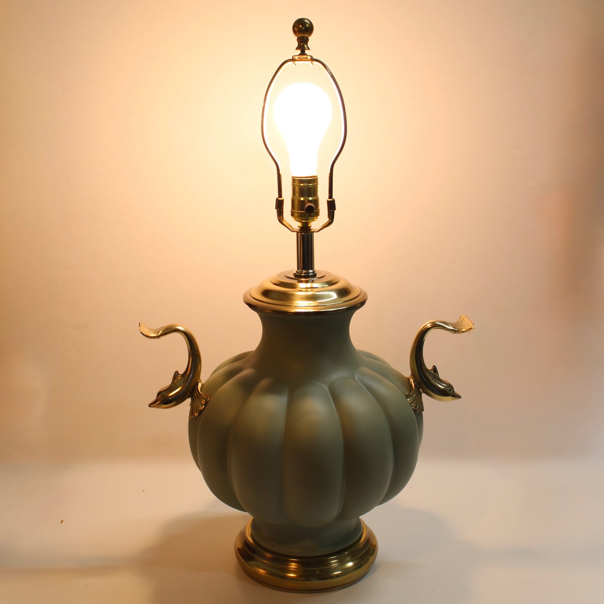 Vintage Brass Dolphins & Seafoam Ceramic Table Lamp