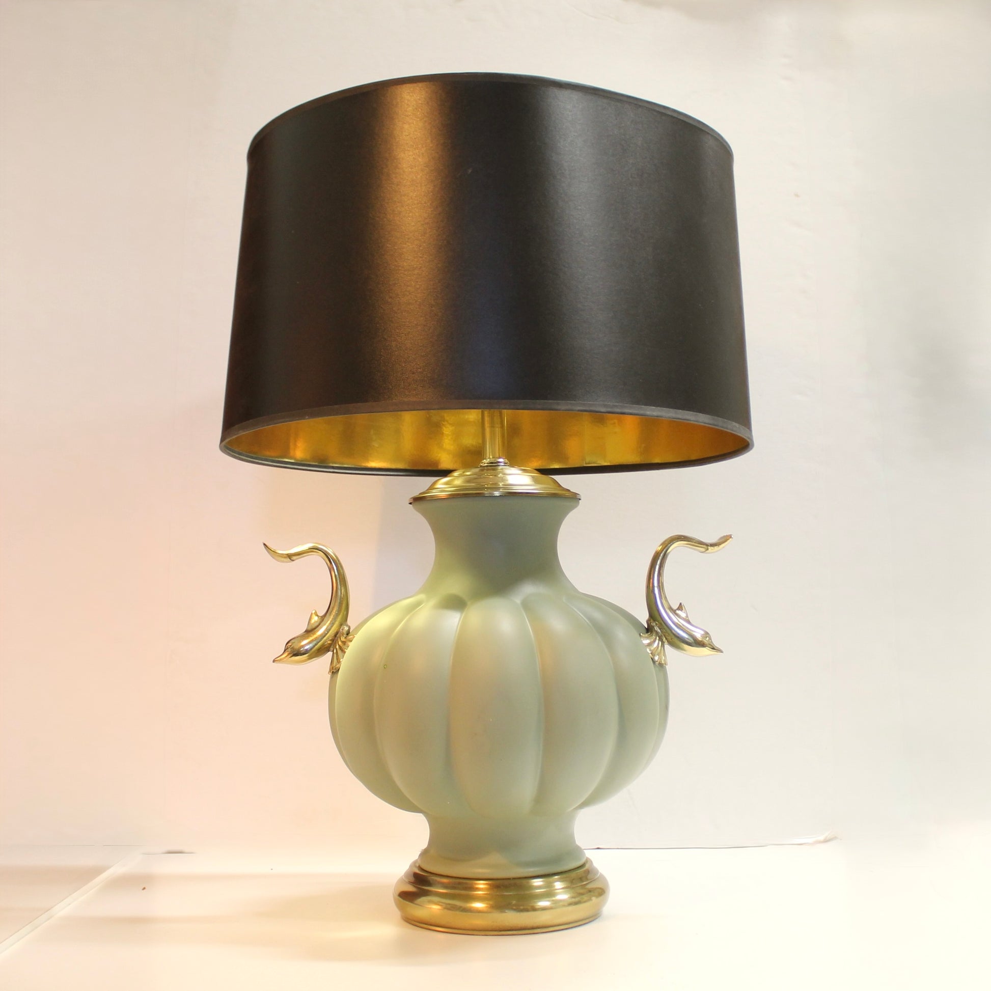 Vintage Brass Dolphins & Seafoam Ceramic Table Lamp