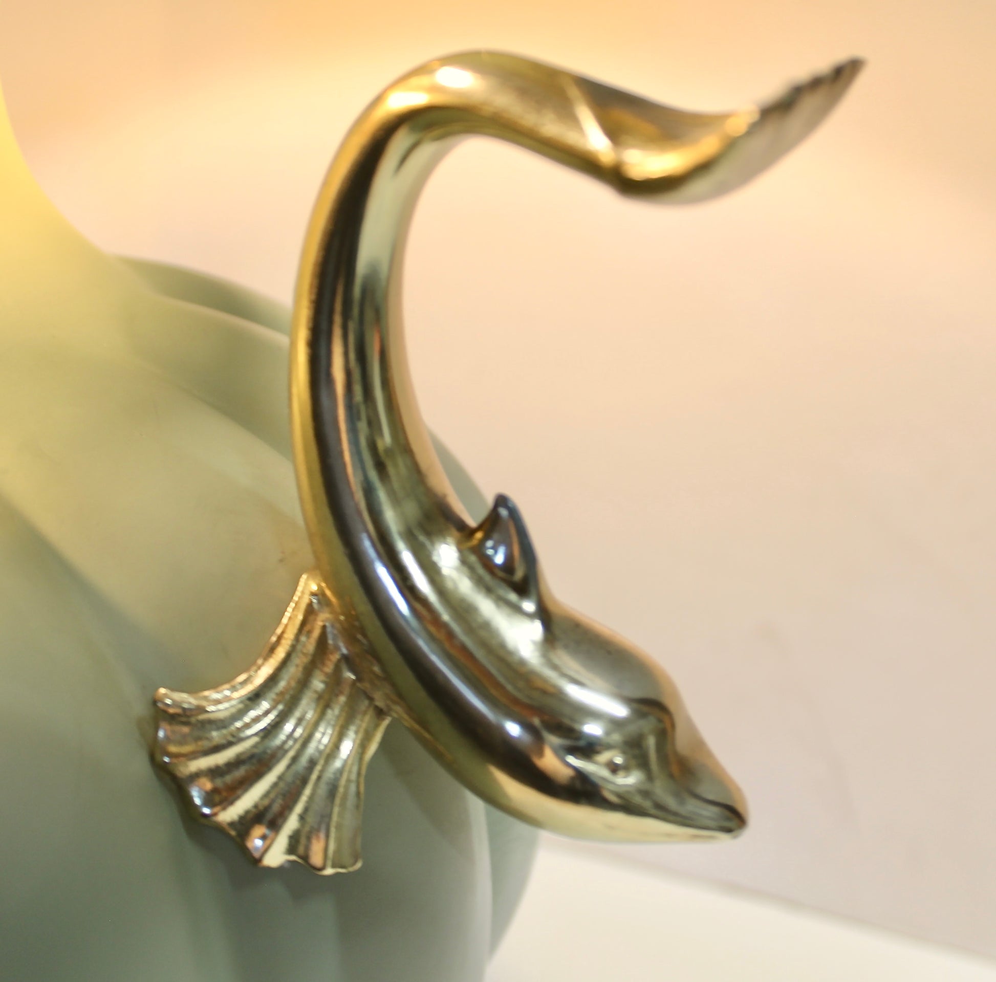Vintage Brass Dolphins & Seafoam Ceramic Table Lamp