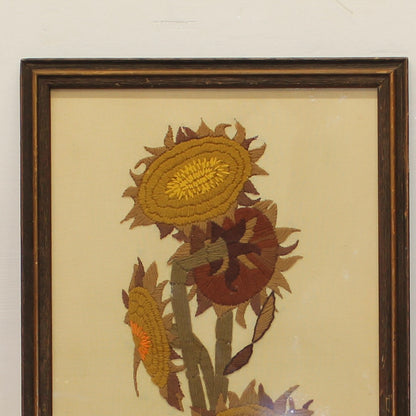 Large 1970s Framed Wall Art | Embroidered Sunflowers