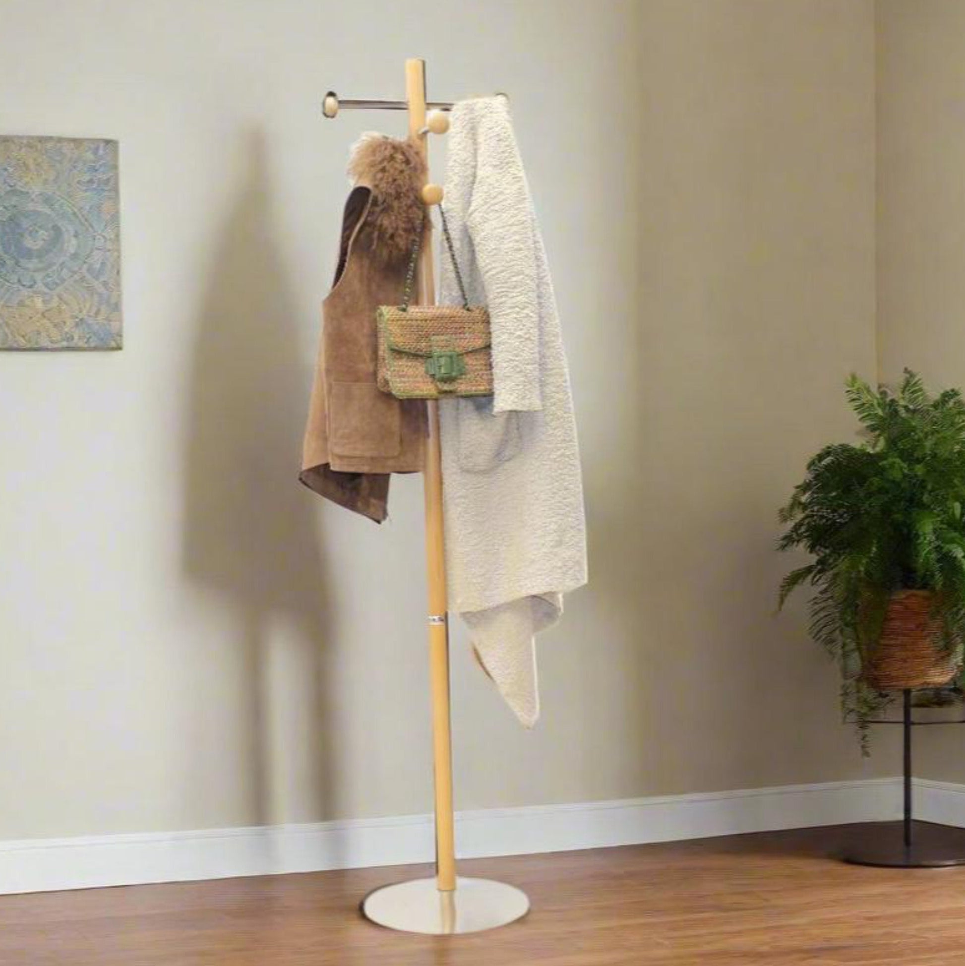 European White Beech Wood & Chrome Coat Rack