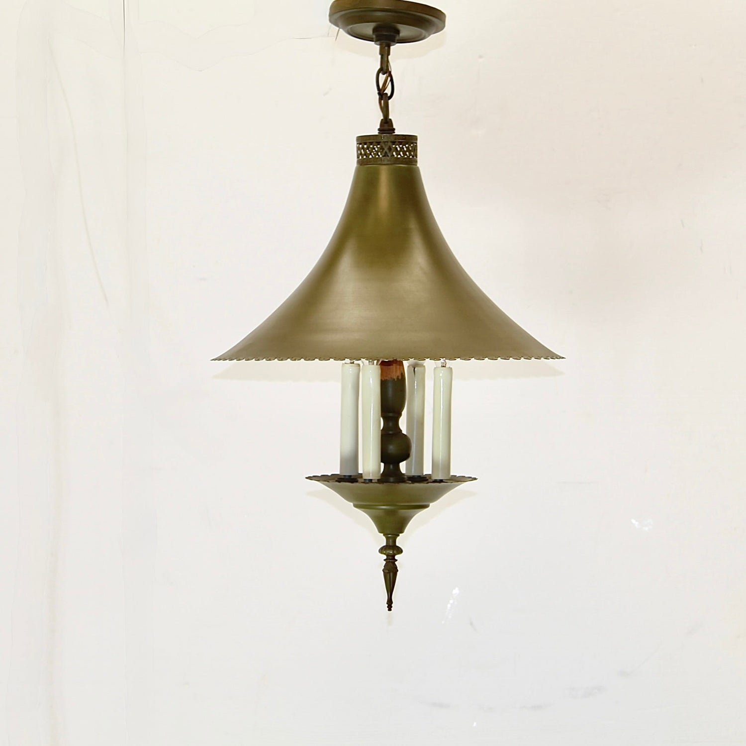 1950s Olive Green Lighting Fixture with Witch Hat Shade | The Feldman Co