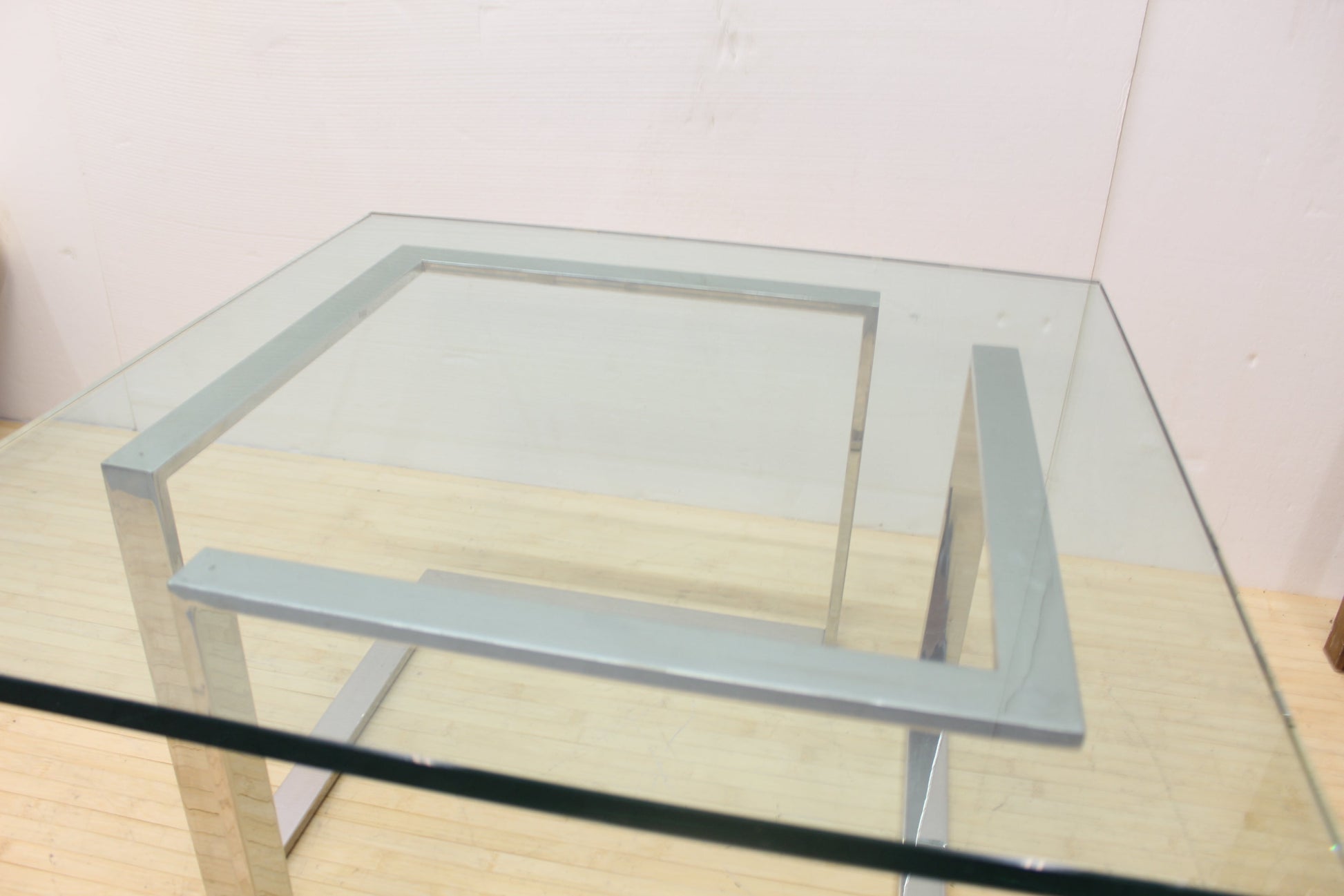 Vintage Thick Square Glass and Steel Coffee Table