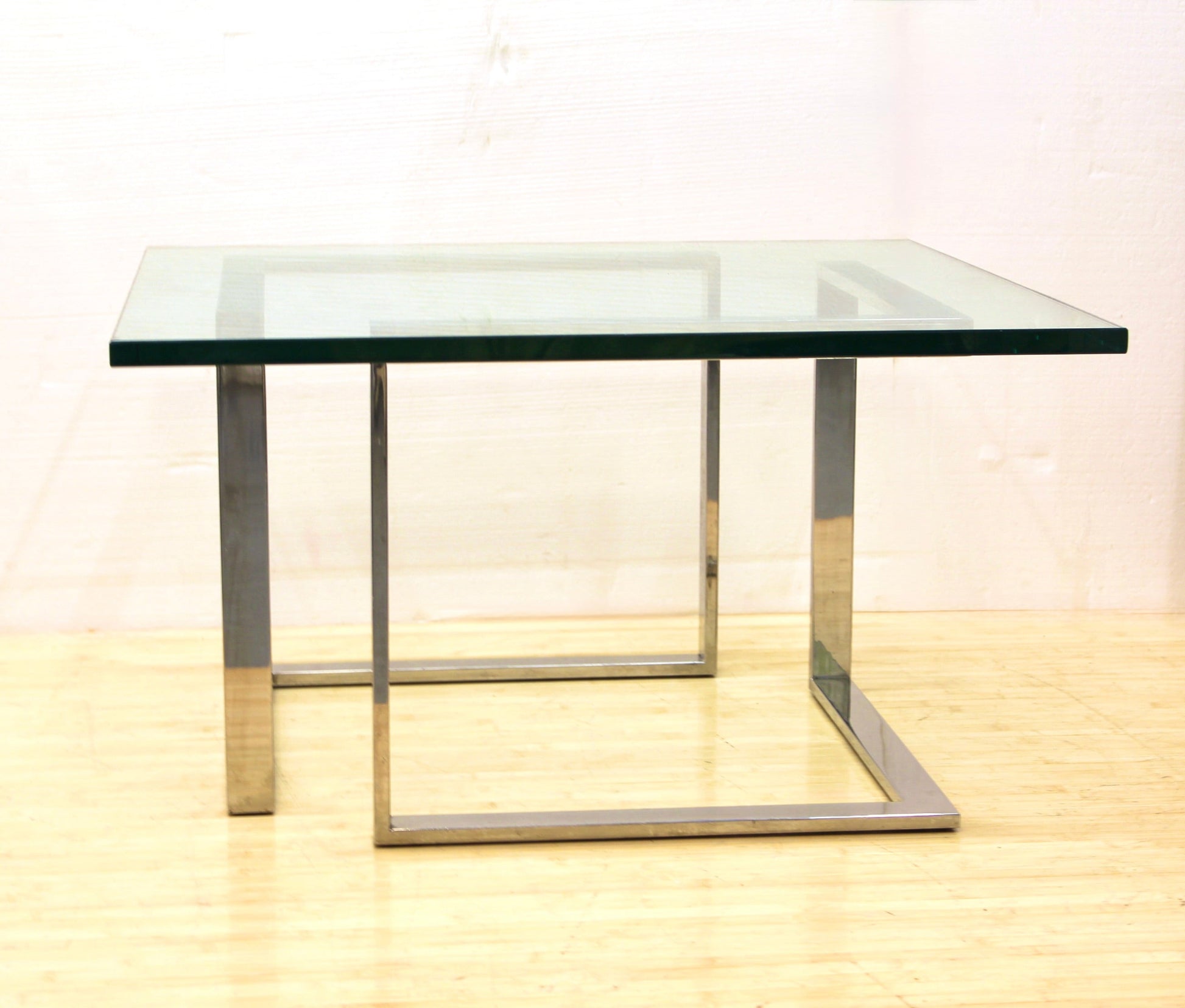 Vintage Thick Square Glass and Steel Coffee Table