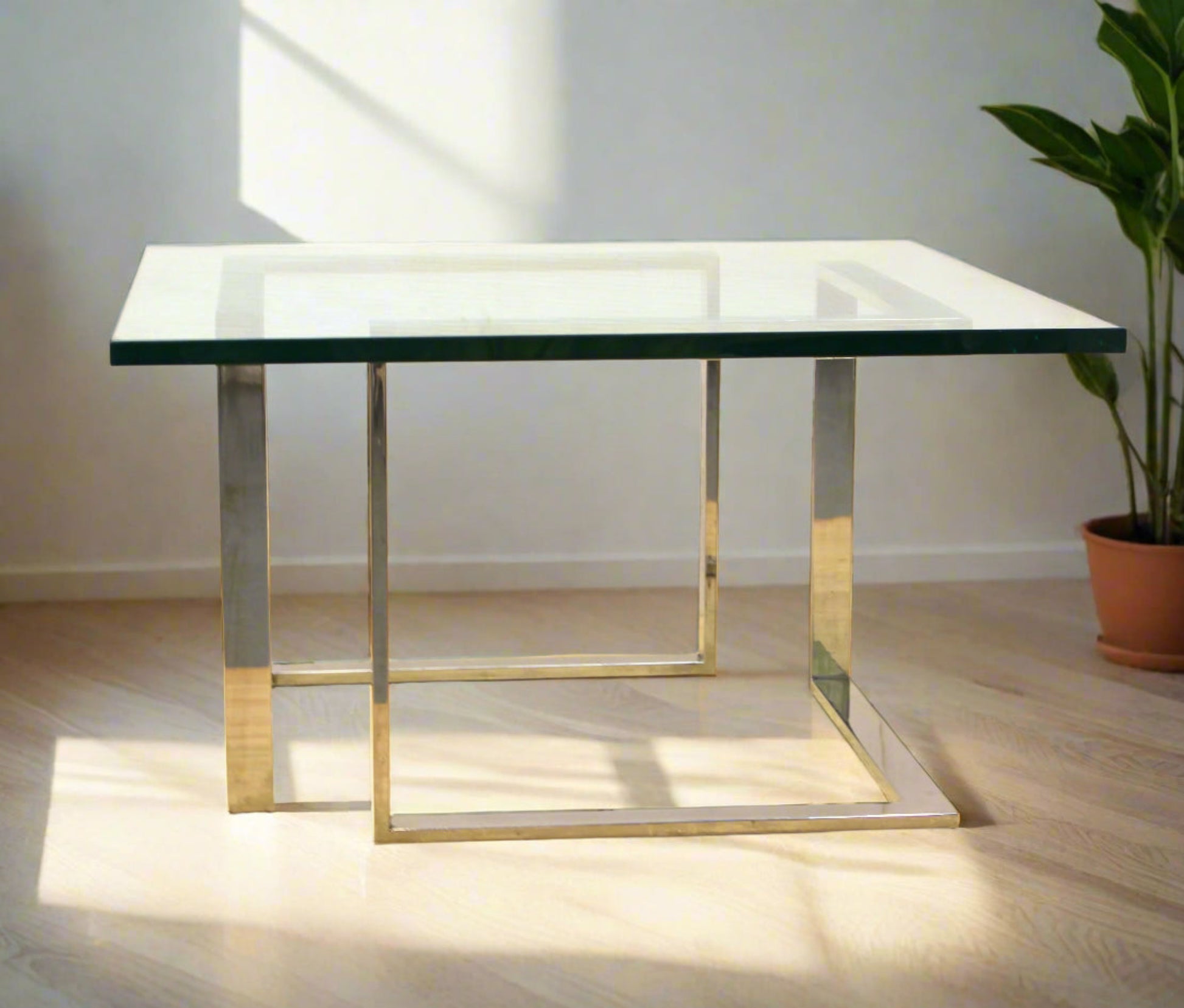 Vintage Thick Square Glass and Steel Coffee Table