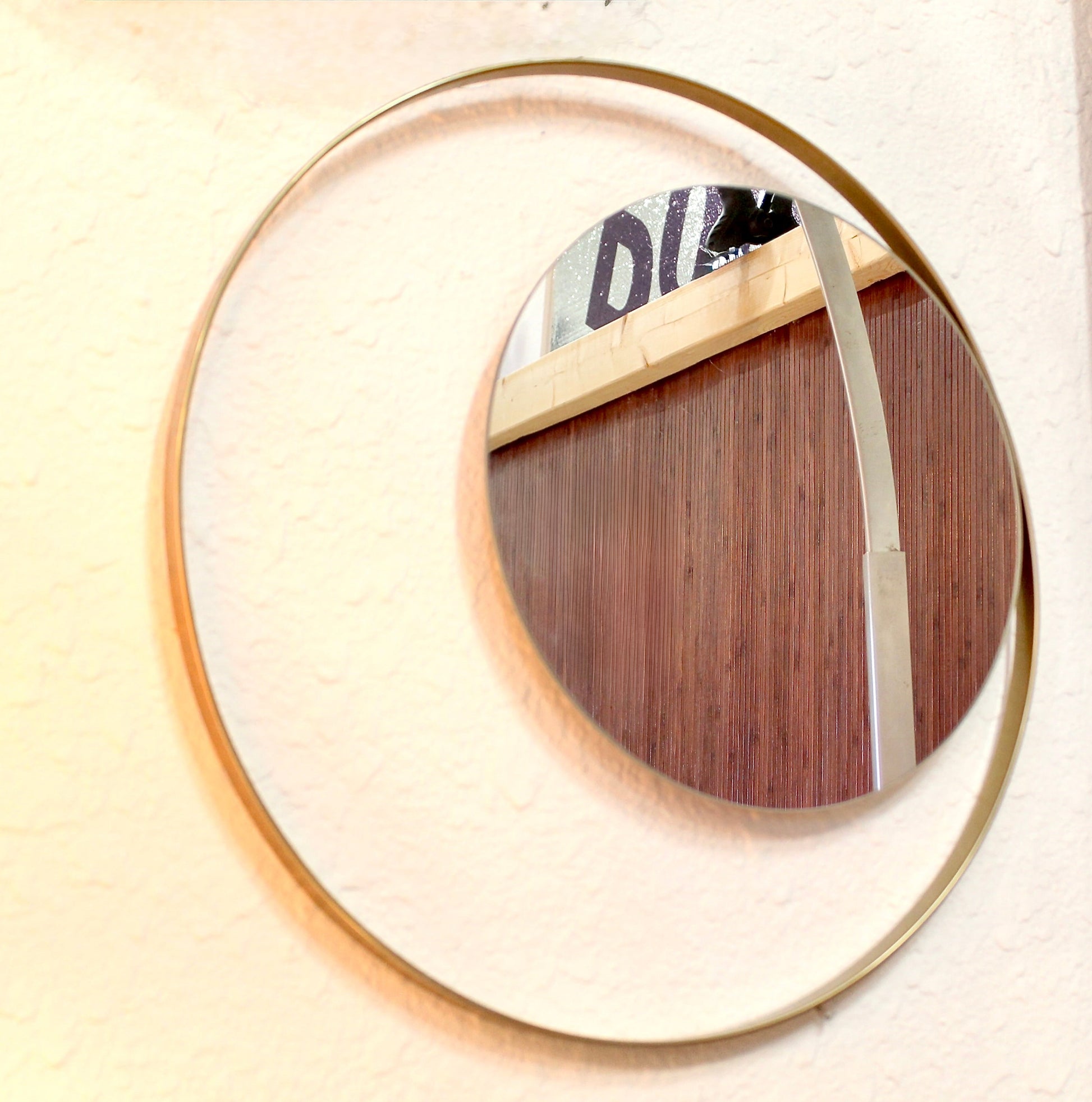 Modernist Double Ring Round Brass Mirror. Gold Ring Mirror