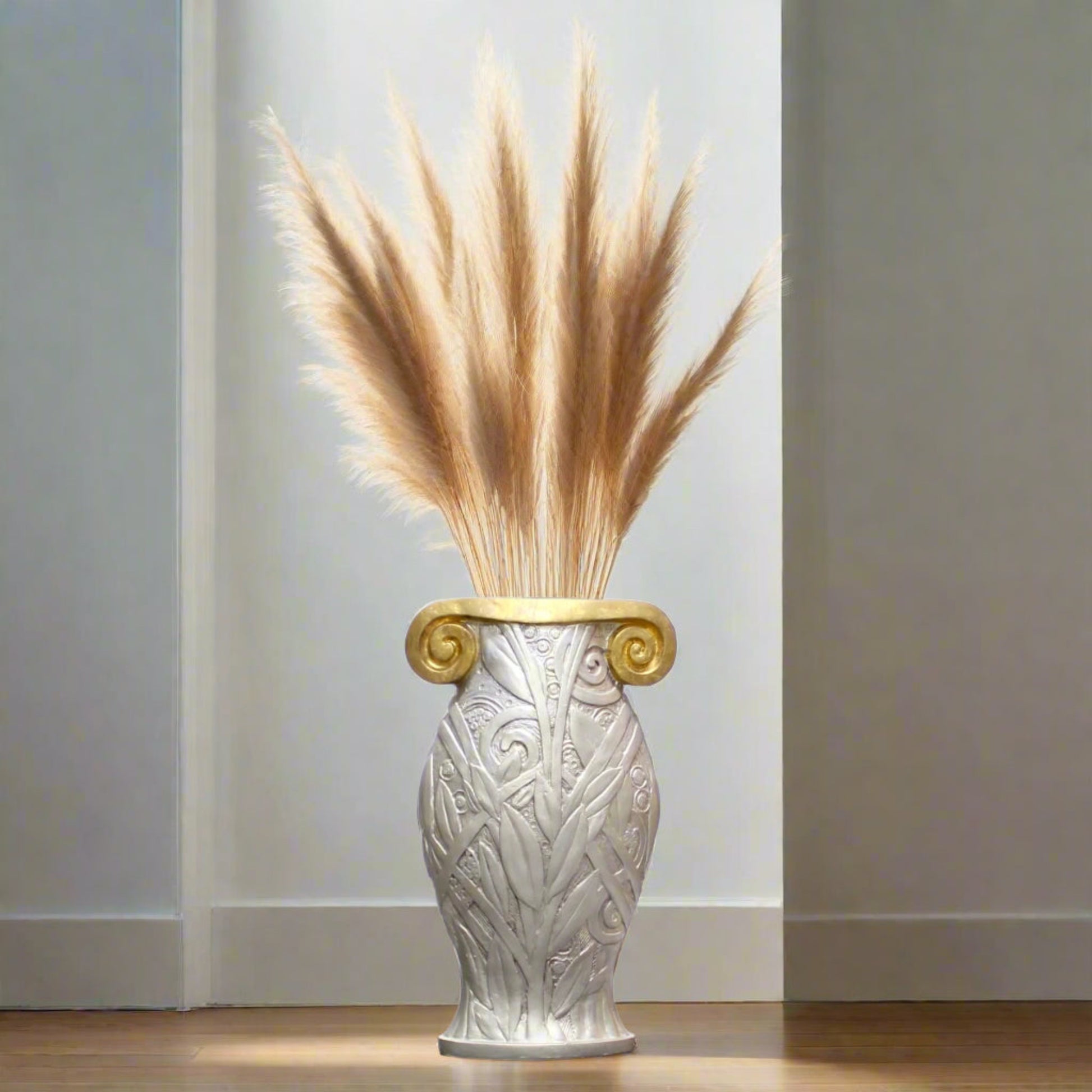 Large Decorative Silver Painted Floor Vase with Gold Scroll Floor