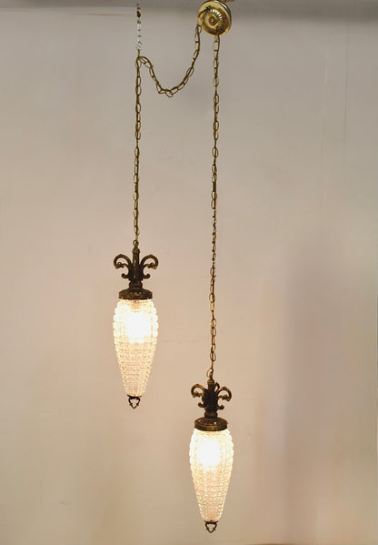 1960s Regency Double Swag Lamps | Pineapple Cut Glass Shades