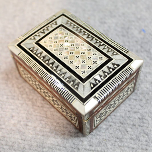 Handmade Egyptian Mother of Pearl Inlaid Wooden Jewelry Box – Vintage Mosaic Marquetry Trinket Box with Maroon Velvet Interior