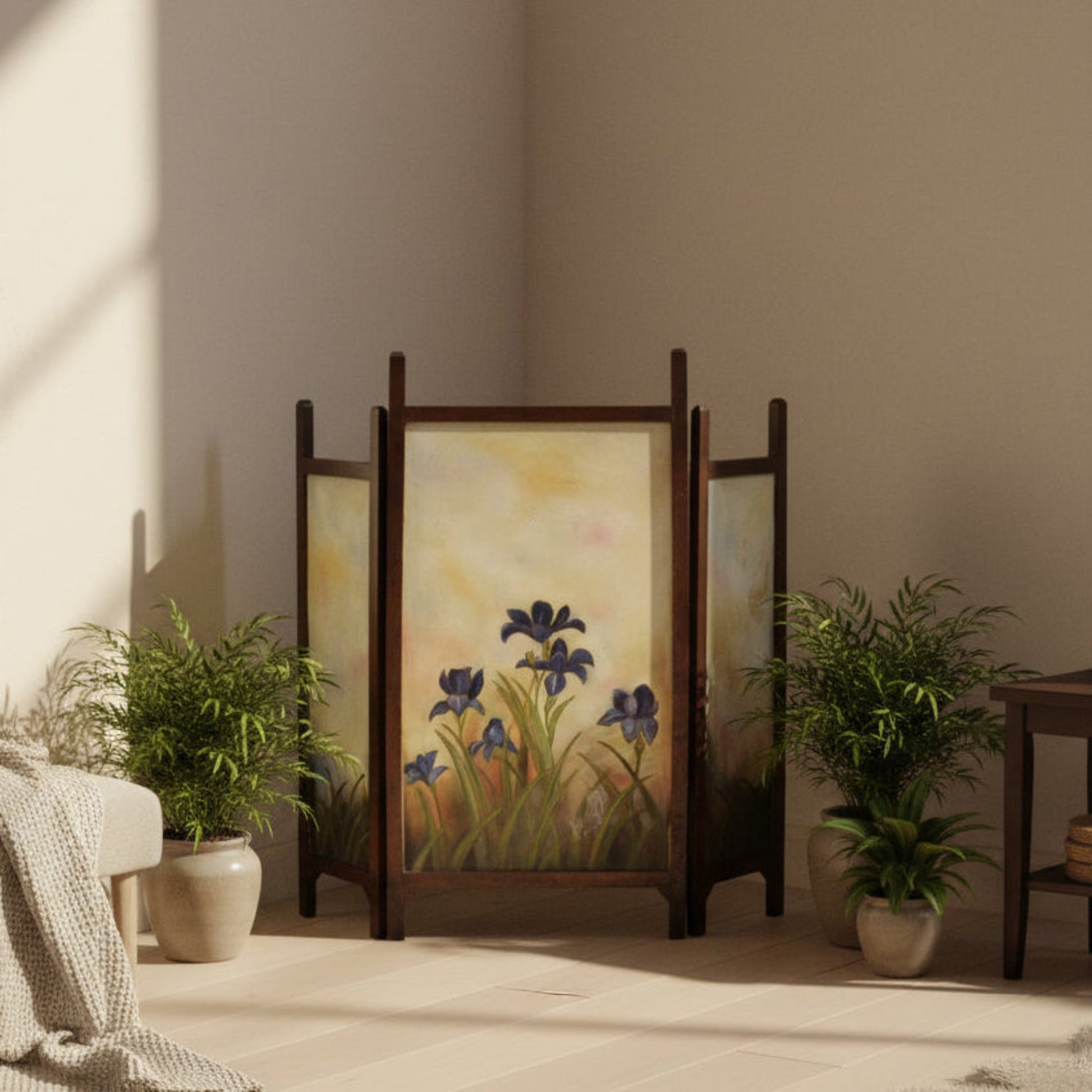 Vintage 3 Panel Hand Painted Wooden Tabletop Divider Screen