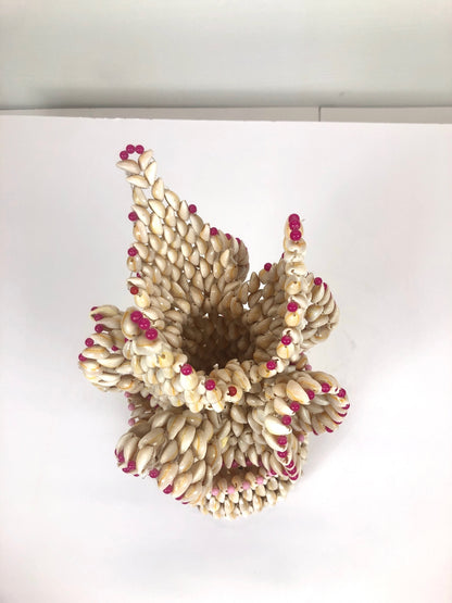 Vintage Folk Art Ruffled Cowrie Puka Sea Shell Vase | Trompe L’oeil