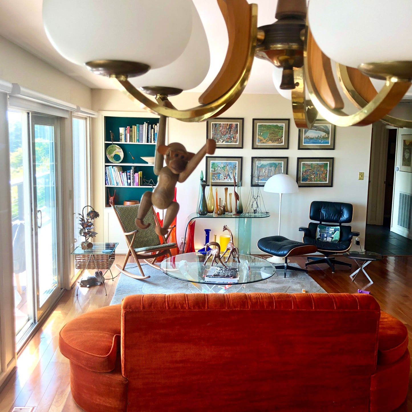 Mid Century Orange Velour Armless Tufted Sofa