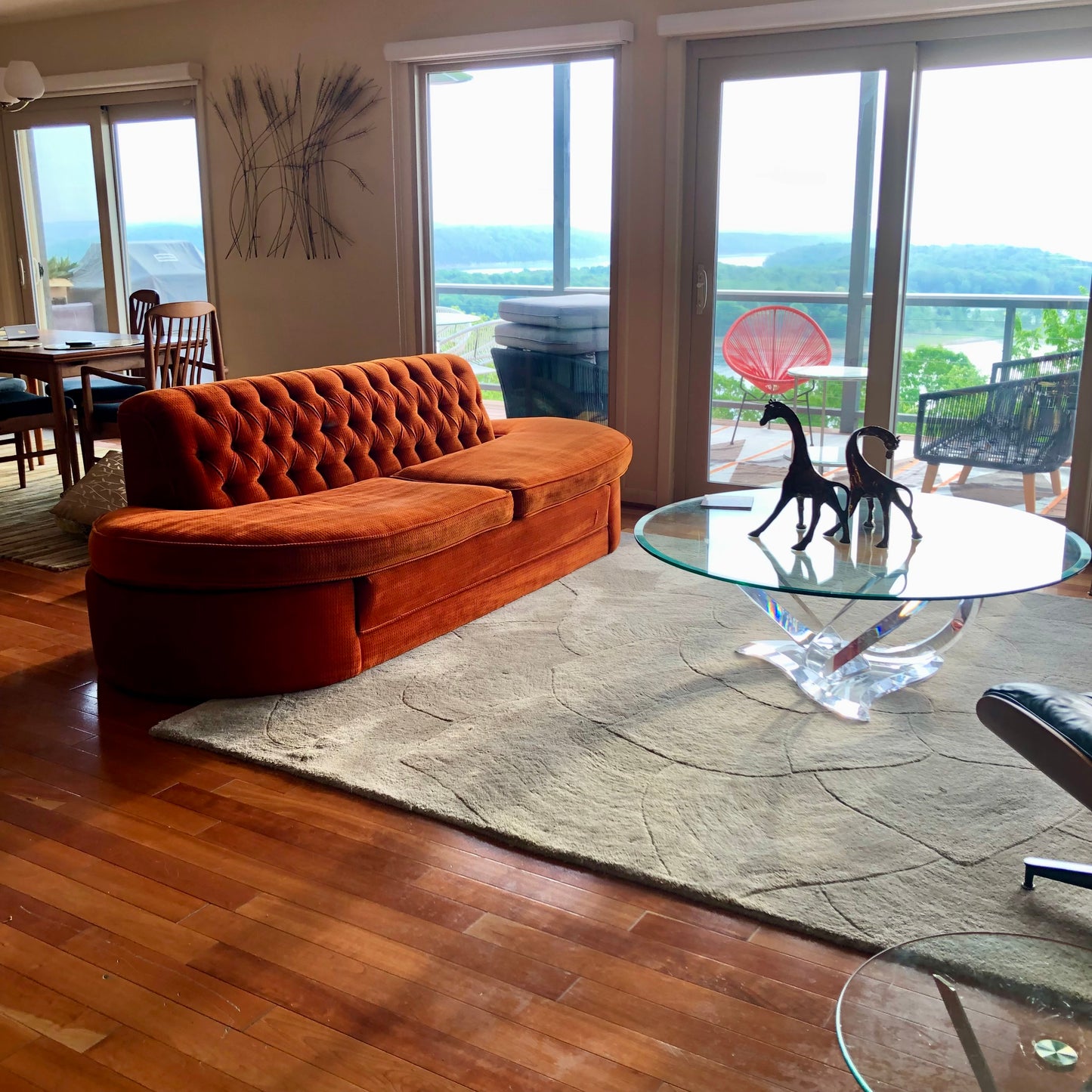 Mid Century Orange Velour Armless Tufted Sofa