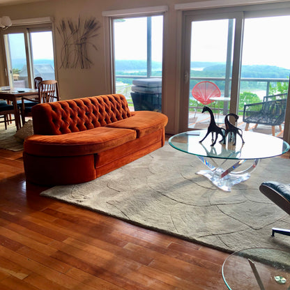 Mid Century Orange Velour Armless Tufted Sofa