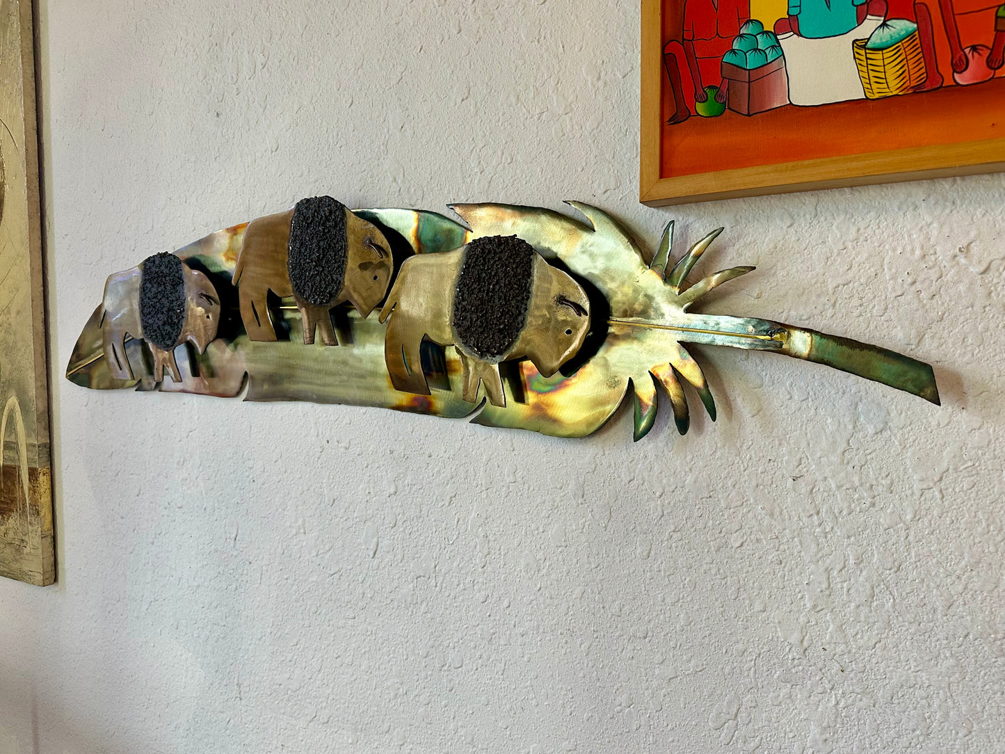 Brass Feather Wall Sculpture with American Bison Buffalo