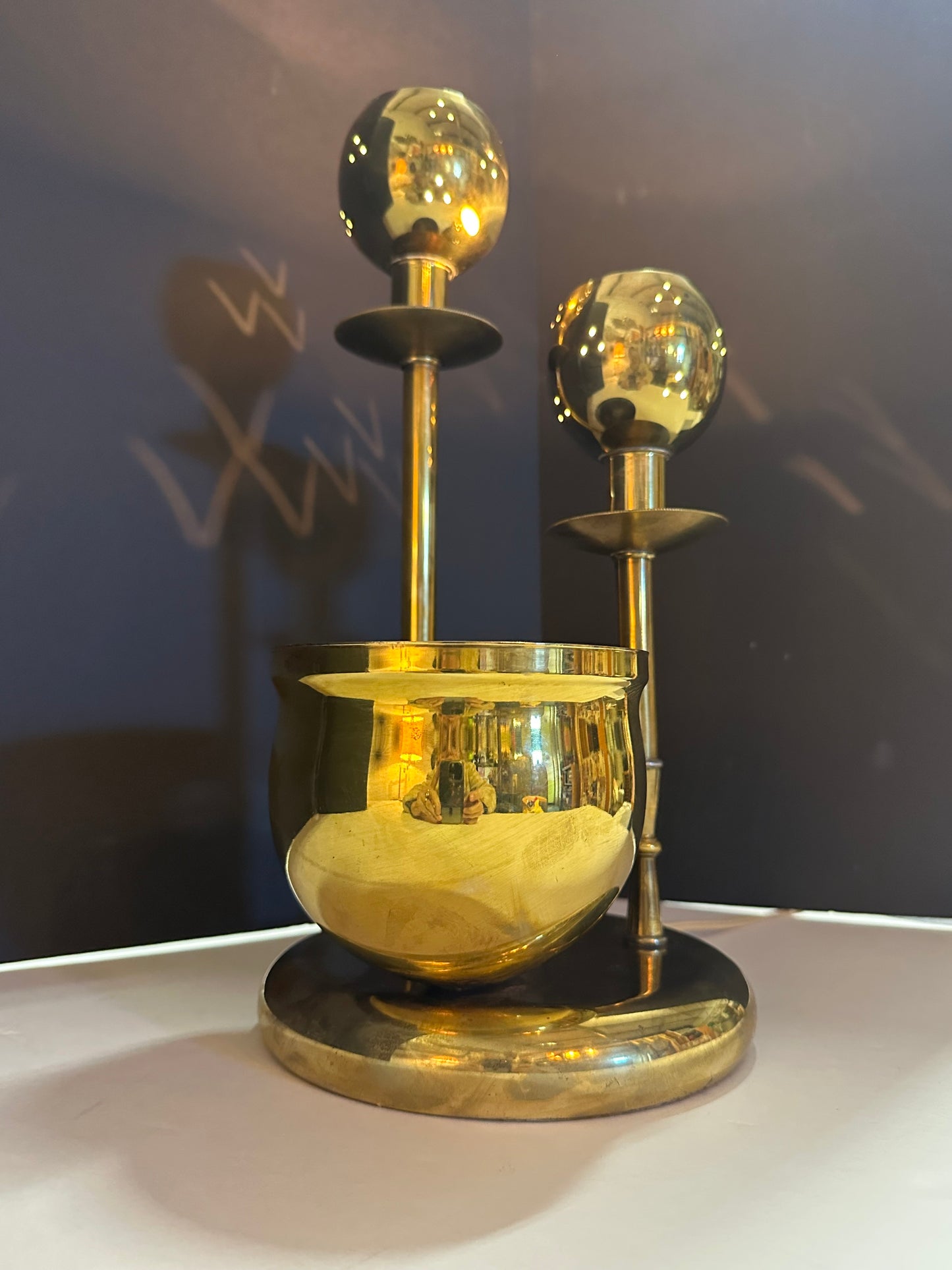 Vintage Perforated Brass Accent Lamp with Planter