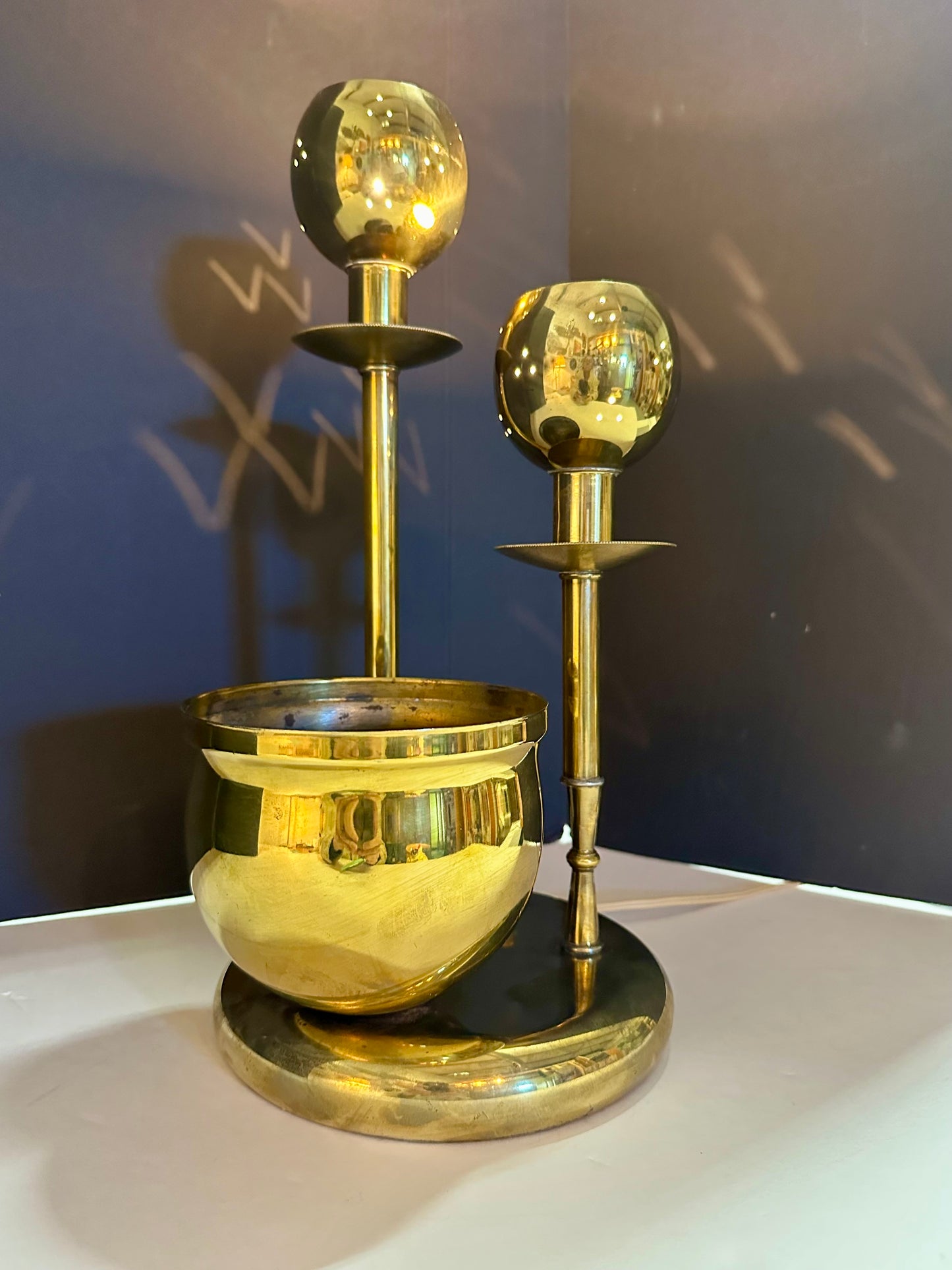 Vintage Perforated Brass Accent Lamp with Planter