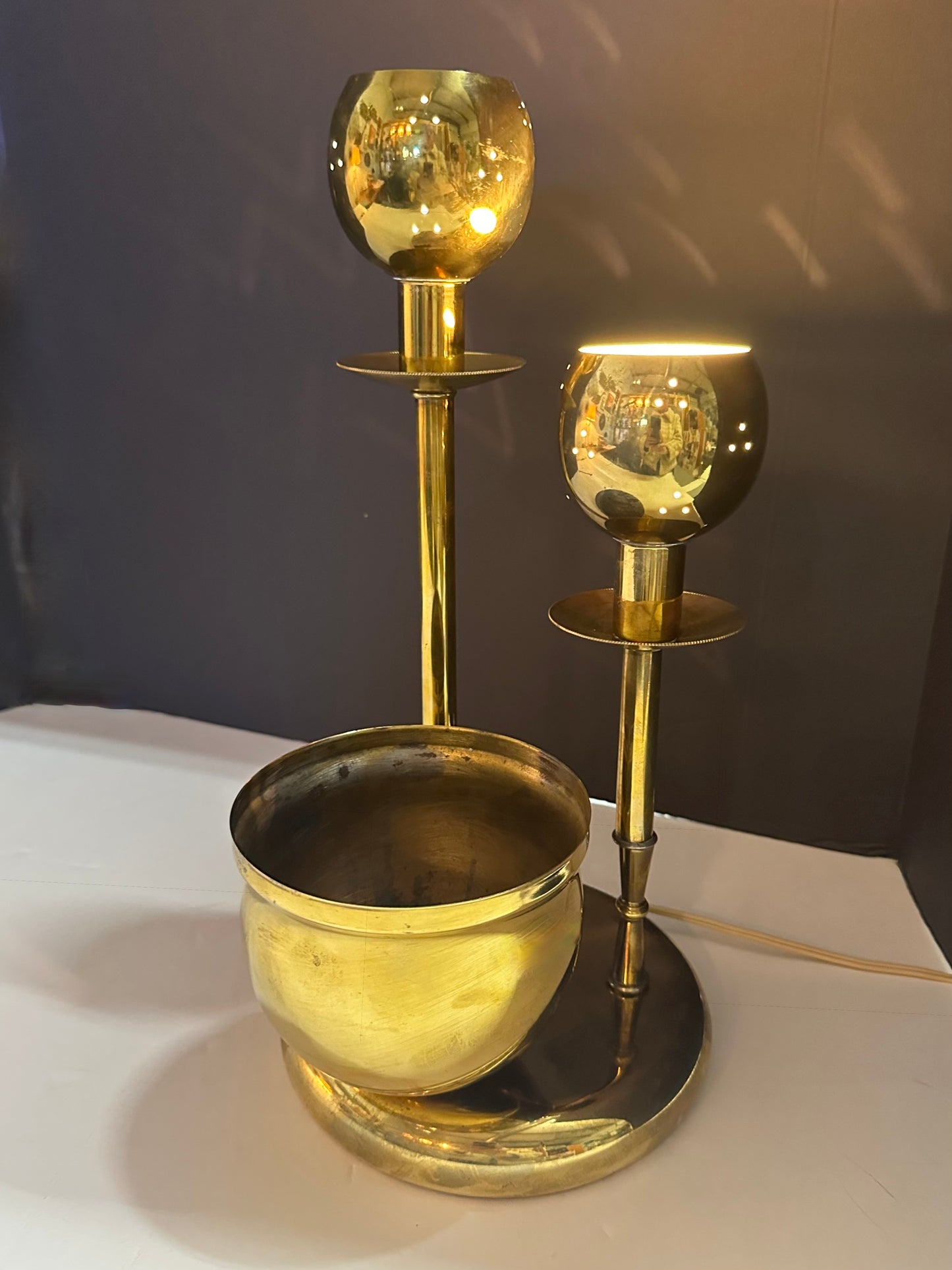 Vintage Perforated Brass Accent Lamp with Planter