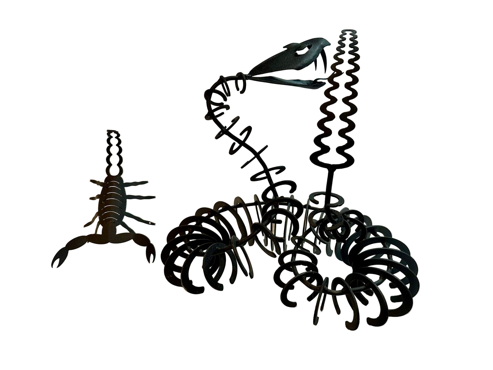 Black metal iron sculptures of scorpion and snake 