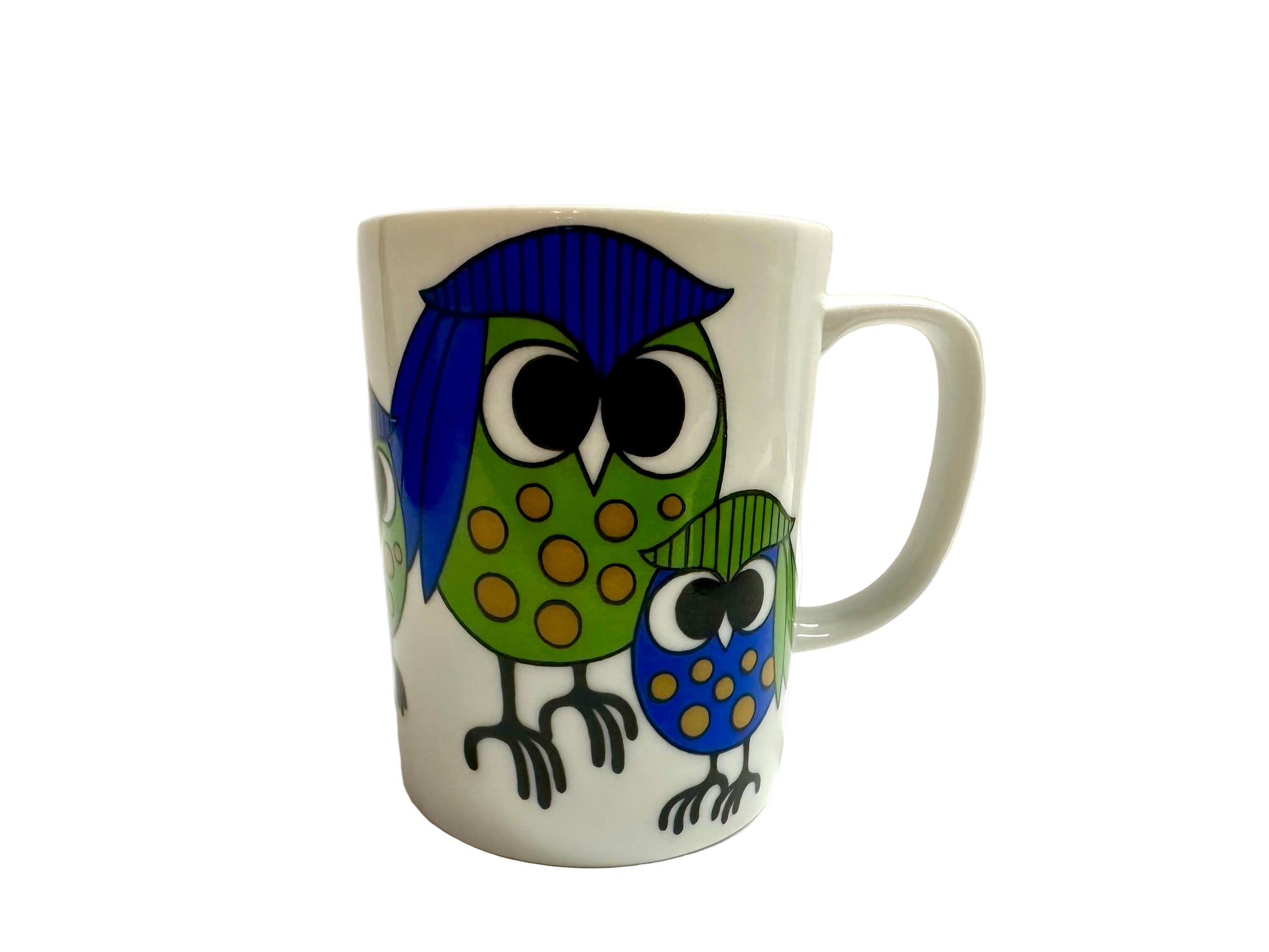 Mug with a colorful owl design on a white background