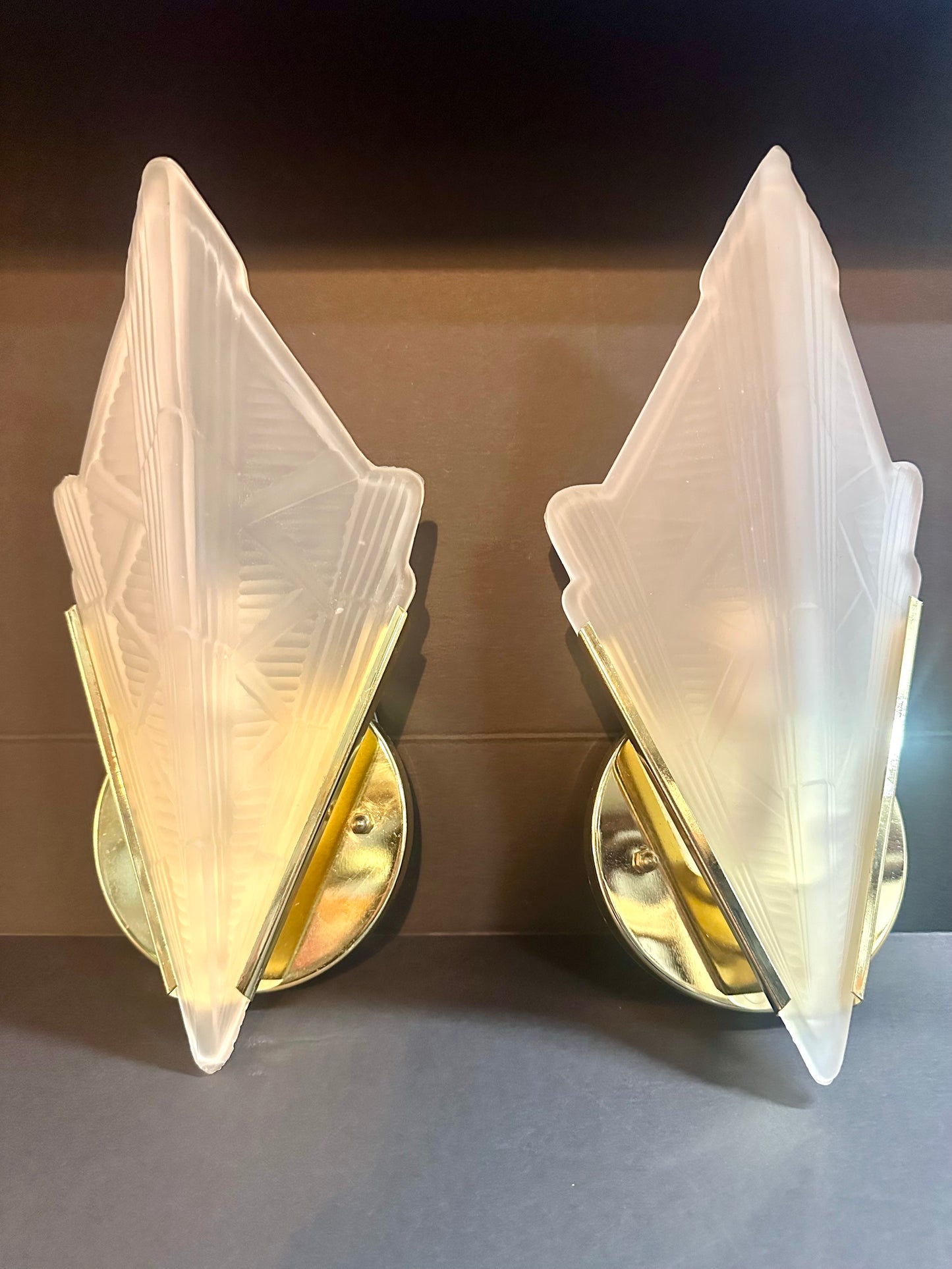 Pair Vintage Art Deco Triangle Glass Brass Wall Light Sconces