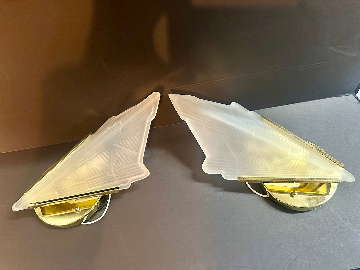 Pair Vintage Art Deco Triangle Glass Brass Wall Light Sconces