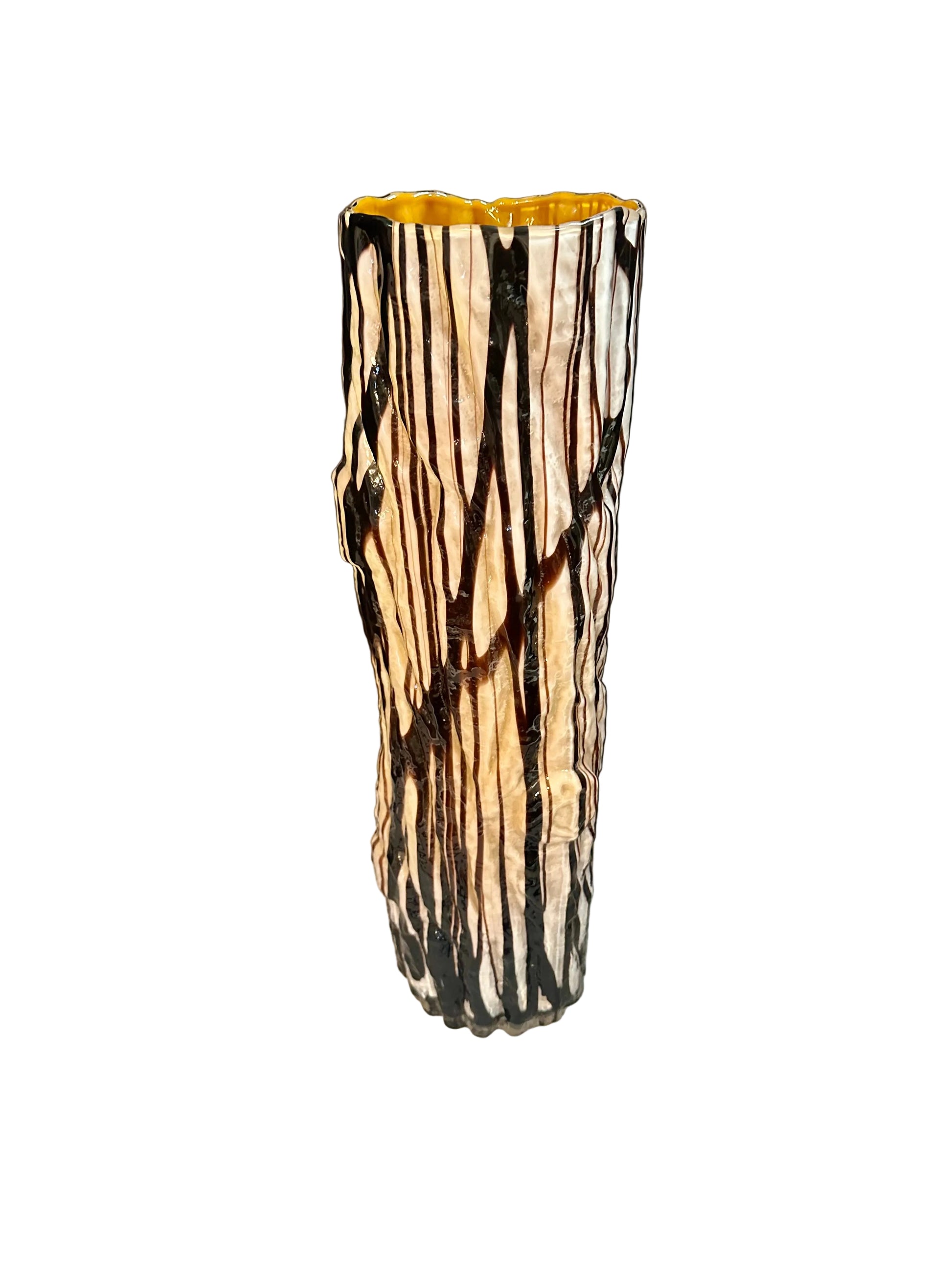 Glass Vase with black and tan striped pattern and knots mimicking a tree trunk
