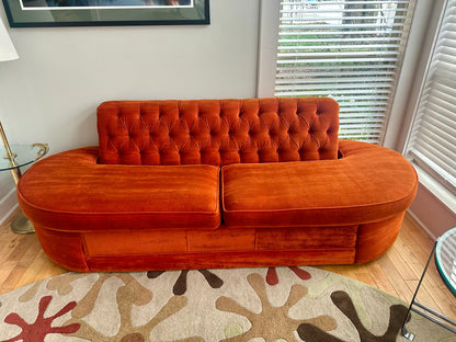 Mid Century Orange Velour Armless Tufted Sofa