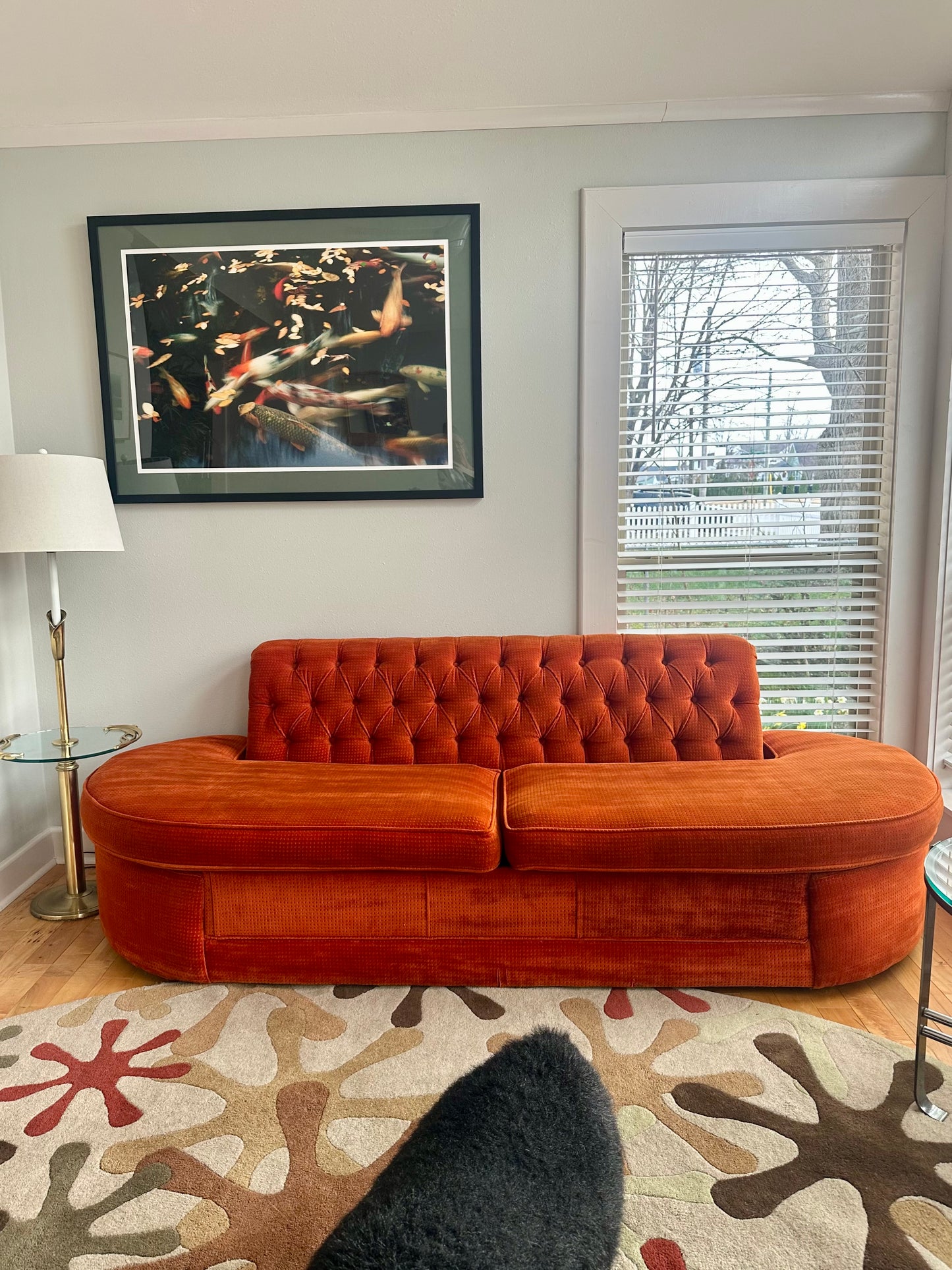 Mid Century Orange Velour Armless Tufted Sofa