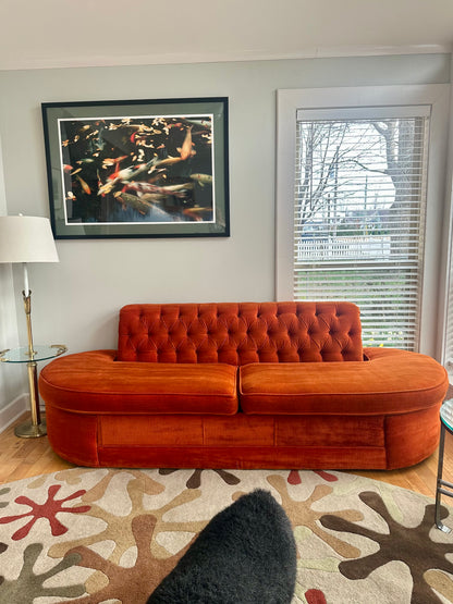 Mid Century Orange Velour Armless Tufted Sofa